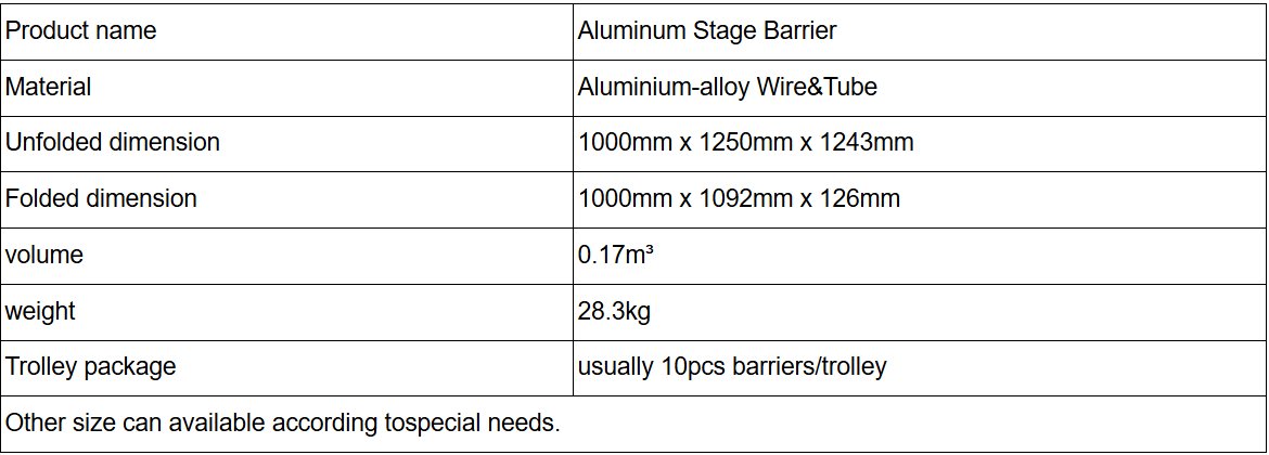 Aluminum Stage Barrier technical parameters